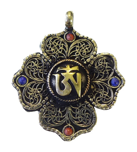 Handmade Brass Pendant with Lapis Lazuli & Coral Boho Prayer Jewelry for Men & Women