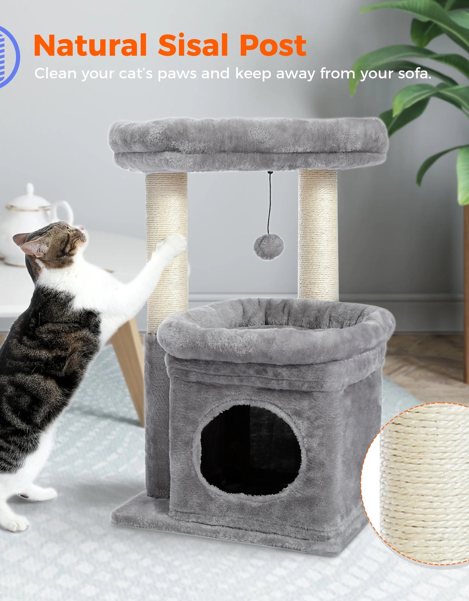 Cat Tree Condo 27" Cat Tower with Large Top Perch and Scratching Posts for Kittens and Medium Cats, Gray