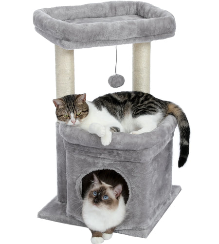 Cat Tree Condo 27" Cat Tower with Large Top Perch and Scratching Posts for Kittens and Medium Cats, Gray