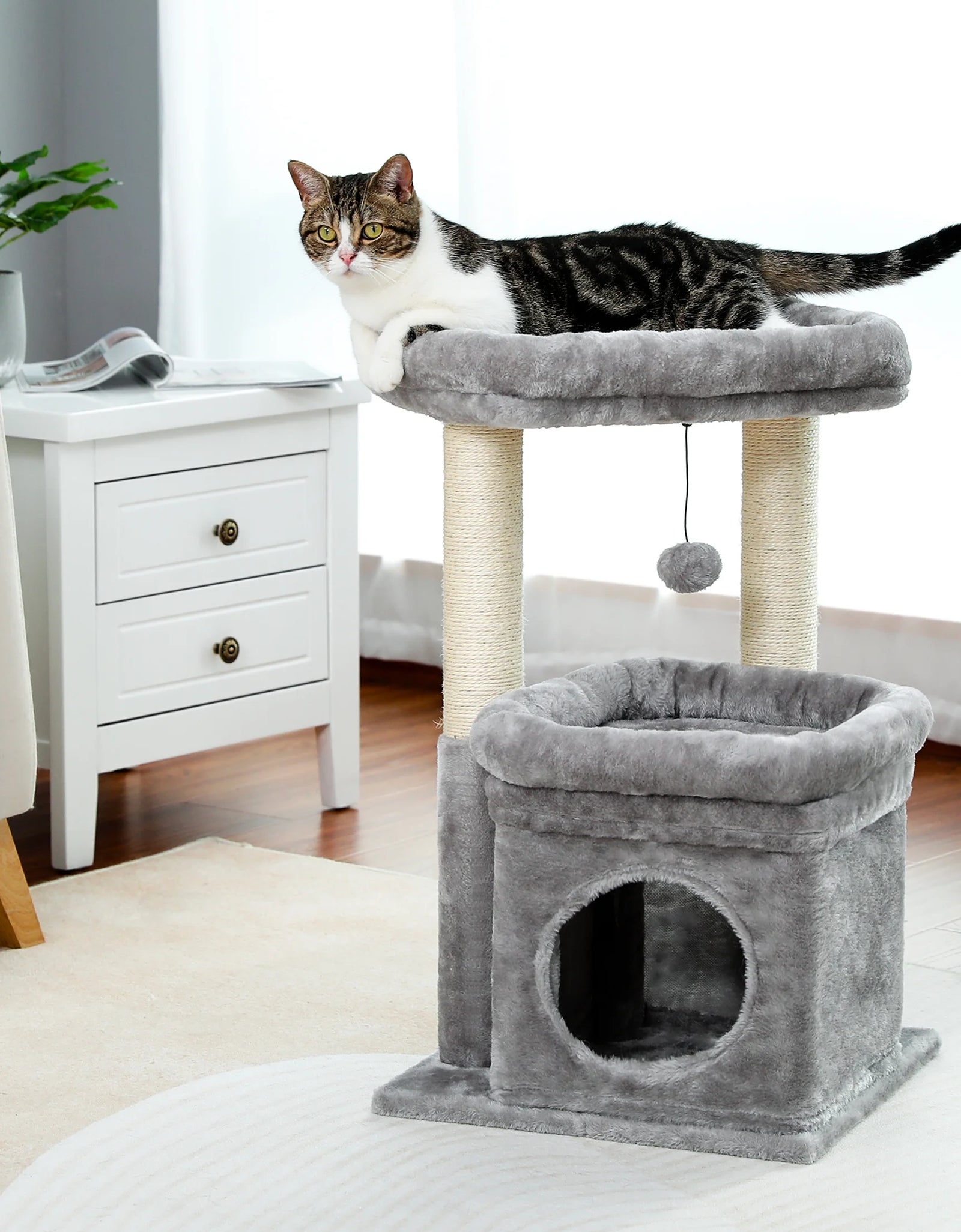 Cat Tree Condo 27" Cat Tower with Large Top Perch and Scratching Posts for Kittens and Medium Cats, Gray