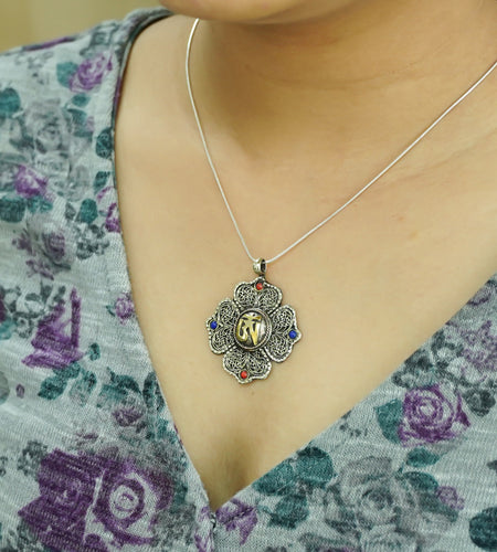 Handmade Brass Pendant with Lapis Lazuli & Coral Boho Prayer Jewelry for Men & Women