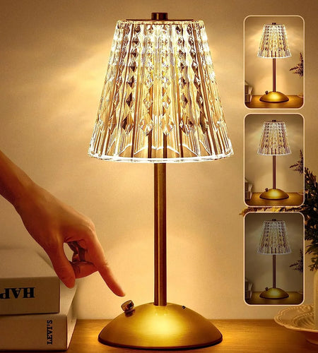 Table Lamps, Dimmable Crystal Table Lamp 3 Colors LED Gold Lamp,Touch Lamp Diamond Crystal Lamp, Rechargeable Small Lamp, Cordless Lamp Bedside Lamp for Bedroom Living Room Bathroom Hotel Bar
