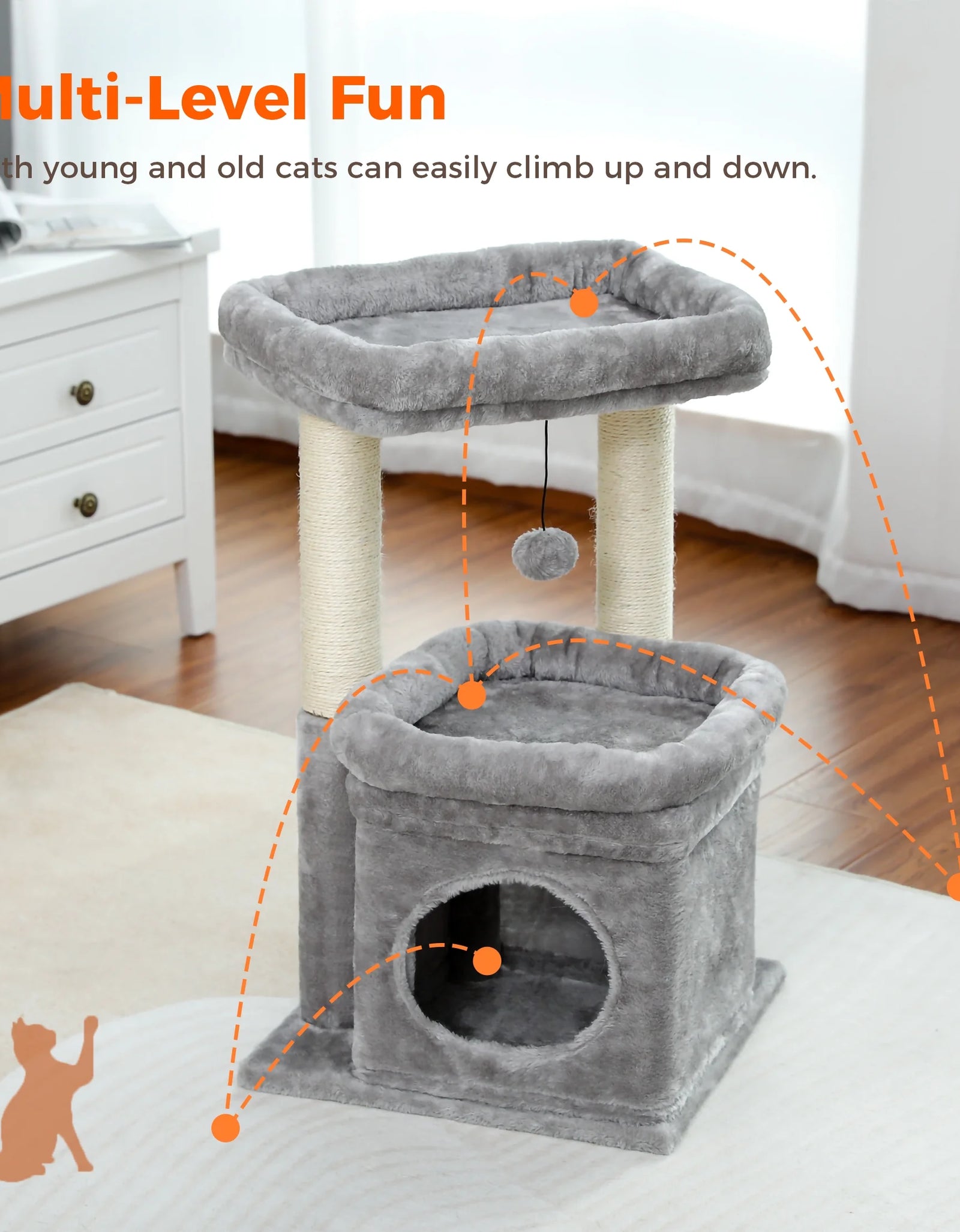 Cat Tree Condo 27" Cat Tower with Large Top Perch and Scratching Posts for Kittens and Medium Cats, Gray